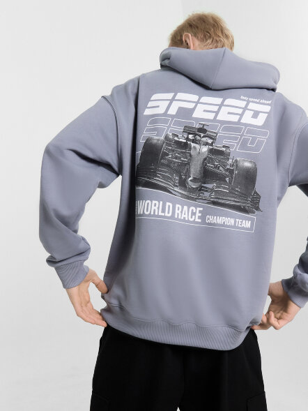 Худи мужское серое с принтом и надписью &quot;world race&quot; 121927 Mark Formelle оптом