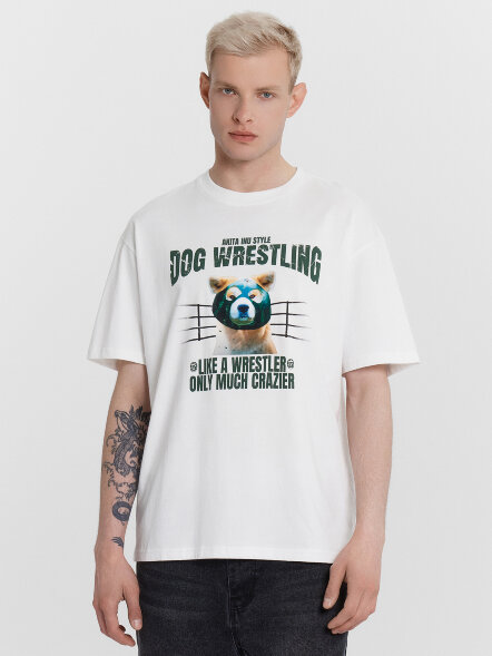 Футболка мужская белая с принтом &quot;Dog wrestling&quot; 111927 Mark Formelle оптом